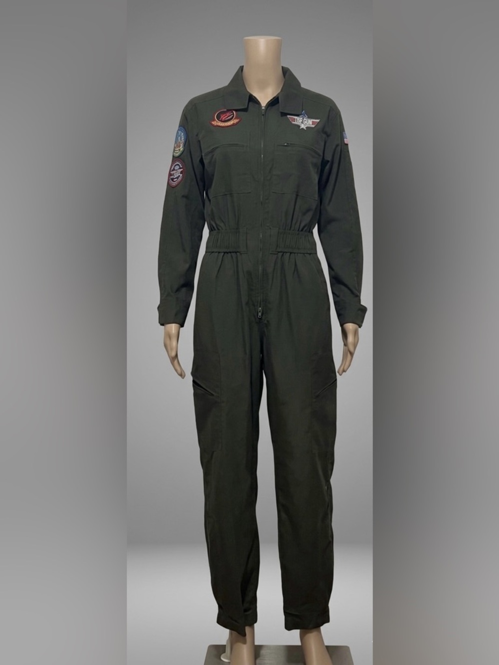 Olive Green Bomber-Style Flight Jacket with Navy Patches